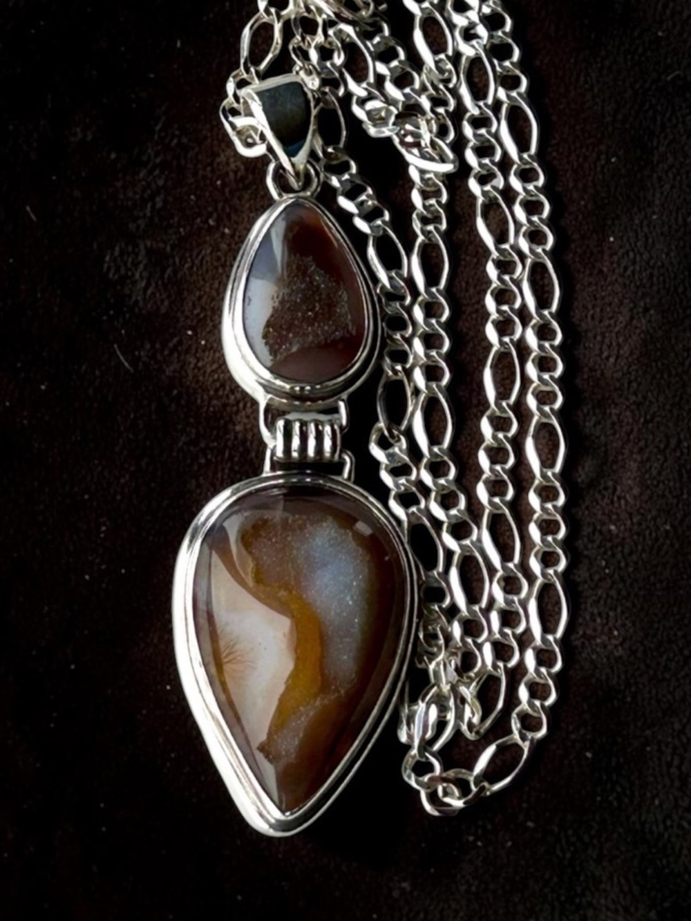 GORGEOUS 925 Mexico Sterling Silver Caramel Druzy Agate Pendant Necklace 42”
